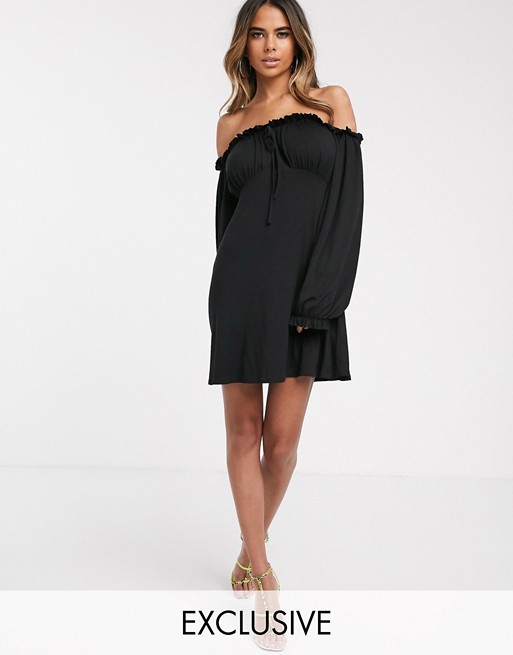 Boohoo exclusive bardot skater dress with tie detail and balloon sleeve in black