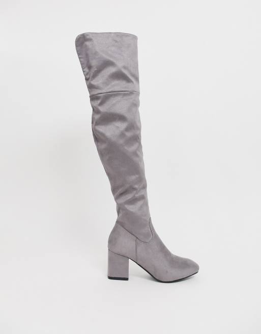 Grey block heel 2025 over the knee boots