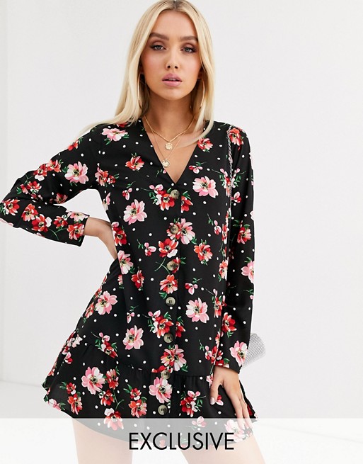 Boohoo exclusive button through smock dress in black floral and polka dot