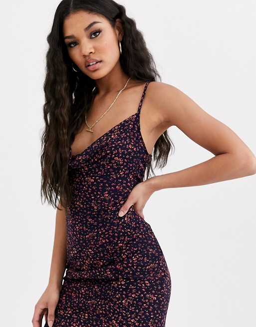 Boohoo exclusive cowl neck maxi slip dress in navy floral