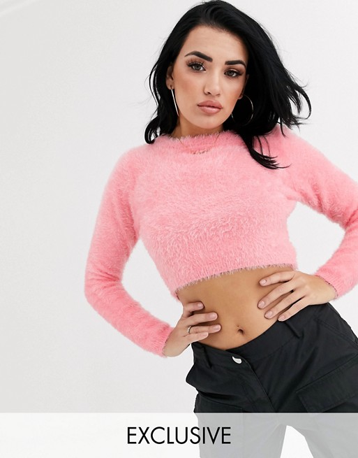 Boohoo exclusive cropped jumper in pink fluffy knit