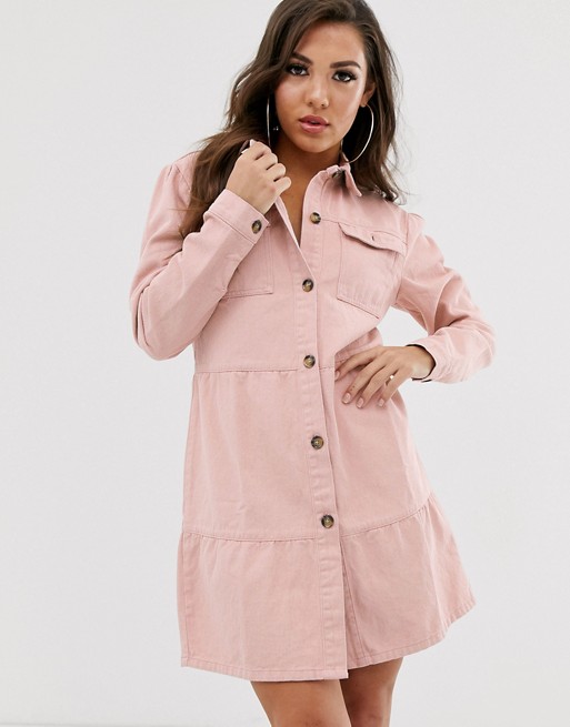 Boohoo exclusive denim smock dress with tiered skirt in pink