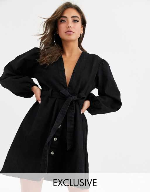 Boohoo exclusive denim v neck dress with puff sleeve in black | ASOS