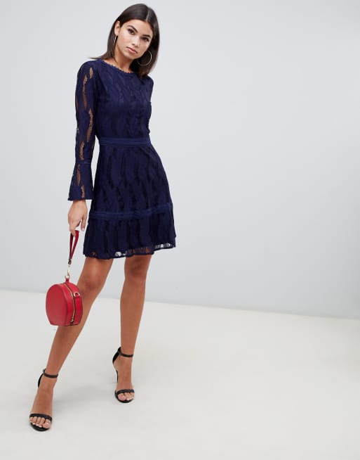 Boohoo flare sleeve 2025 lace dress in navy