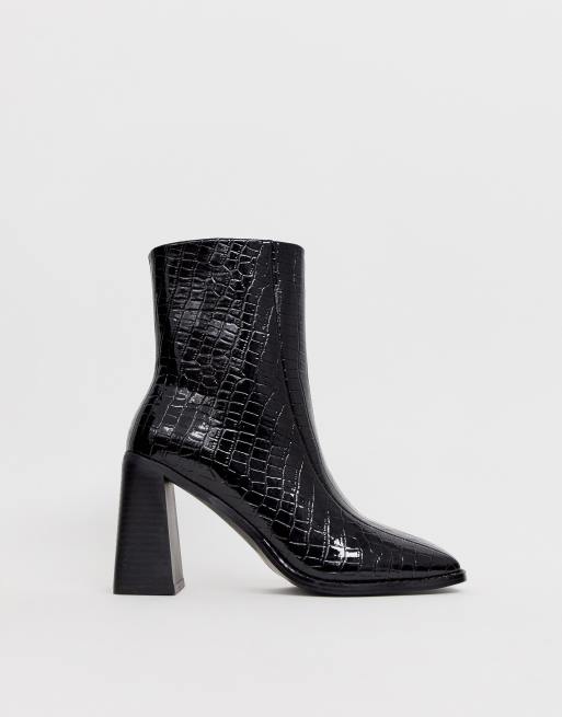 Boohoo exclusive flared heel boots with square toe in black croc