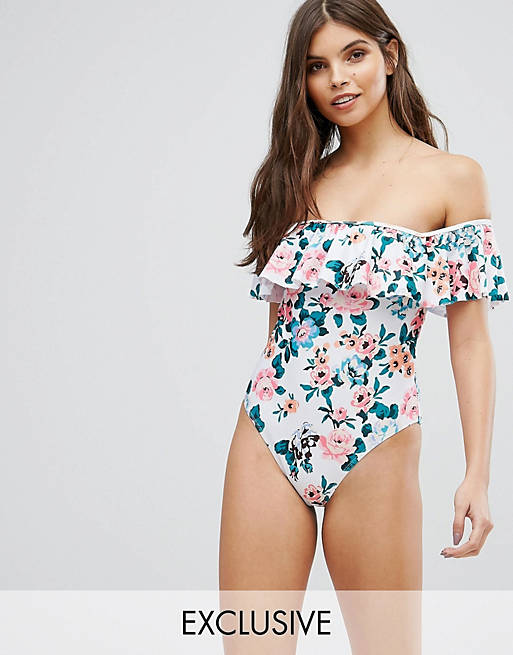 Boohoo exclusive floral bardot swimsuit