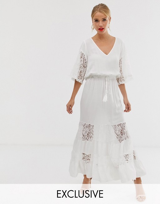 Boohoo exclusive lace panelled maxi dress in white