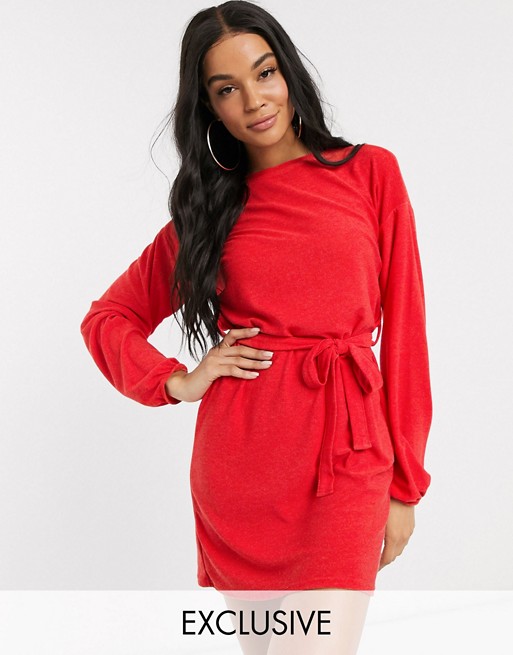 Boohoo exclusive long sleeve mini dress with belted waist in red