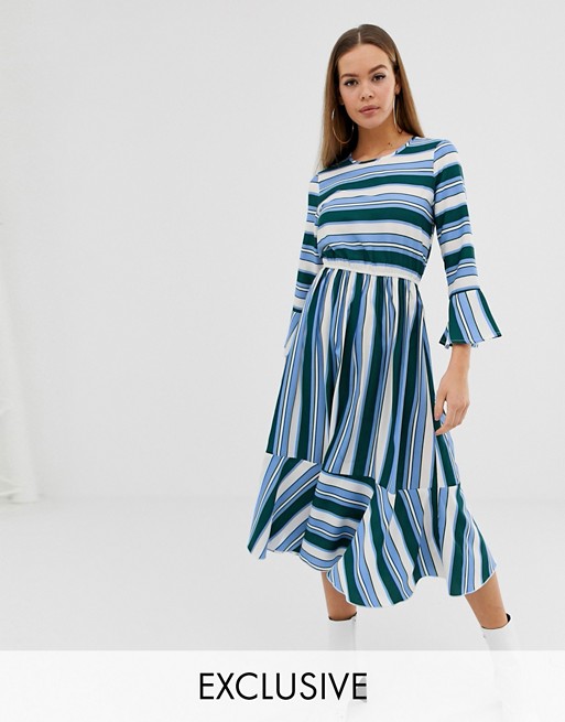 Boohoo exclusive midi dress with ruffle hem in blue stripe