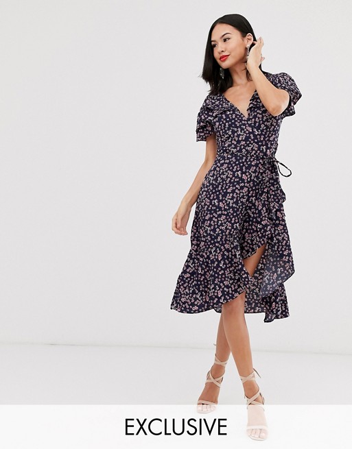 Boohoo exclusive midi wrap dress in navy ditsy floral