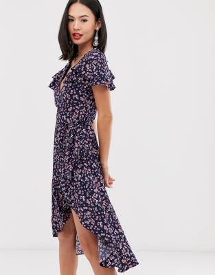 boohoo midi wrap dress in red ditsy floral