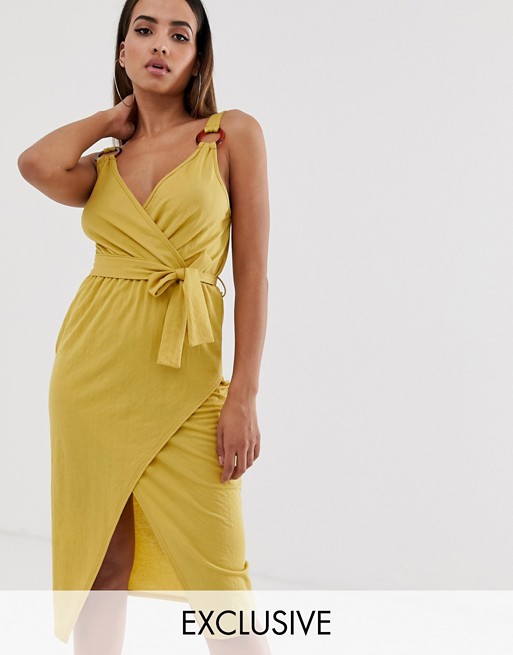 Boohoo exclusive midi wrap dress with ring detail in yellow