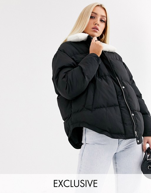 Boohoo exclusive padded jacket with contrast faux fur collar in black