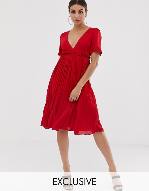 Boohoo exclusive plunge pleated midi dress in red