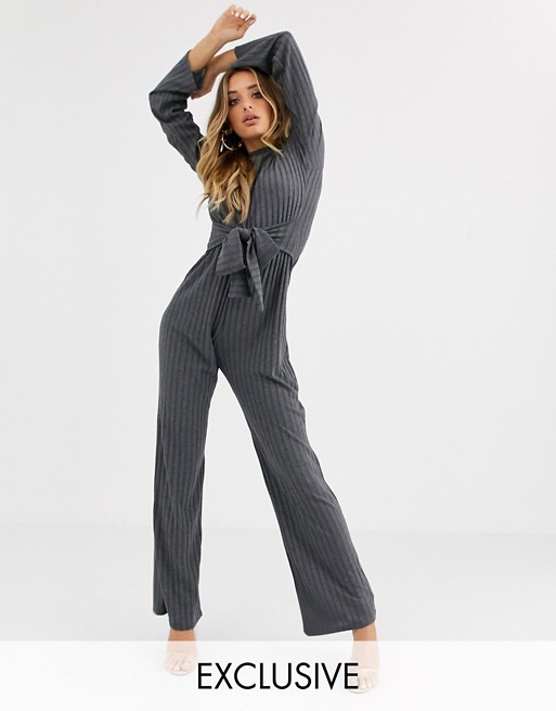 Boohoo exclusive ribbed jumpsuit with tie waist in grey