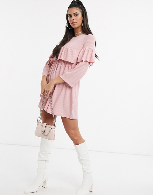 Boohoo exclusive ribbed smock dress with ruffle sleeves in pale pink