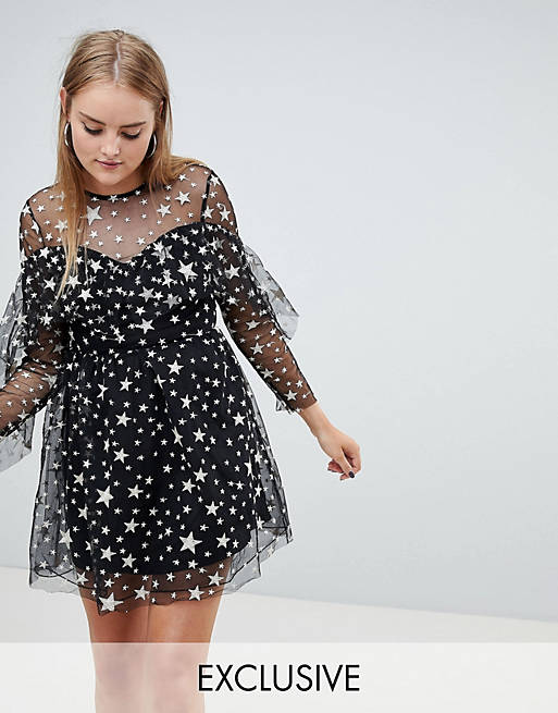 Boohoo exclusive ruffle trim star print mesh mini dress