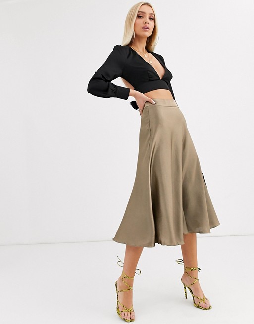 Boohoo exclusive satin midi skirt in pale gold