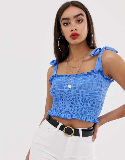 Boohoo exclusive shirred tie cami crop top in baby blue | ASOS