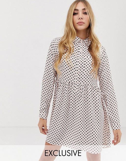 Boohoo exclusive smock mini shirt dress with collar in pale pink polka dot