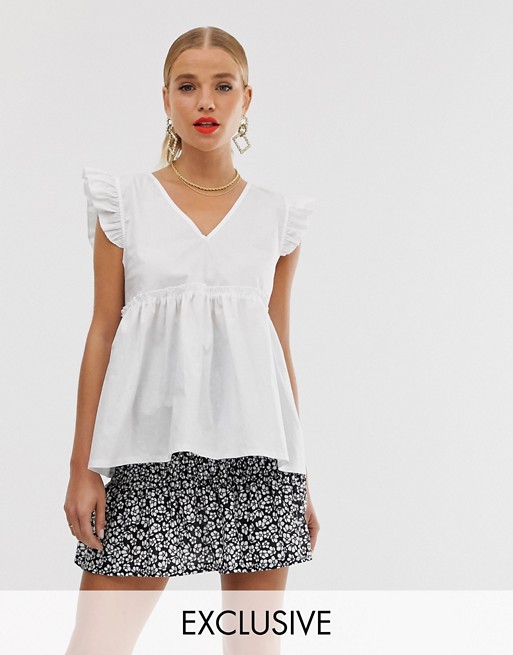 Boohoo exclusive smock top with frill sleeve in white