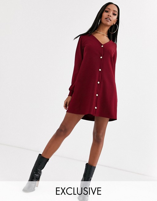 Boohoo exclusive swing dress with pearl buttons in burgundy