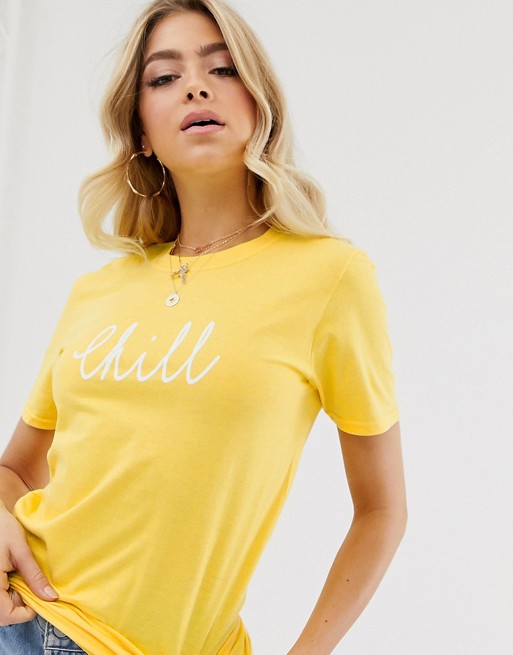 Boohoo exclusive t-shirt with chill slogan in yellow