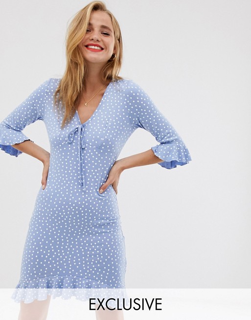 Boohoo exclusive tea dress with frill hem in pale blue polka dot