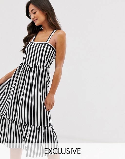Boohoo exclusive tiered dress in black and white stripe