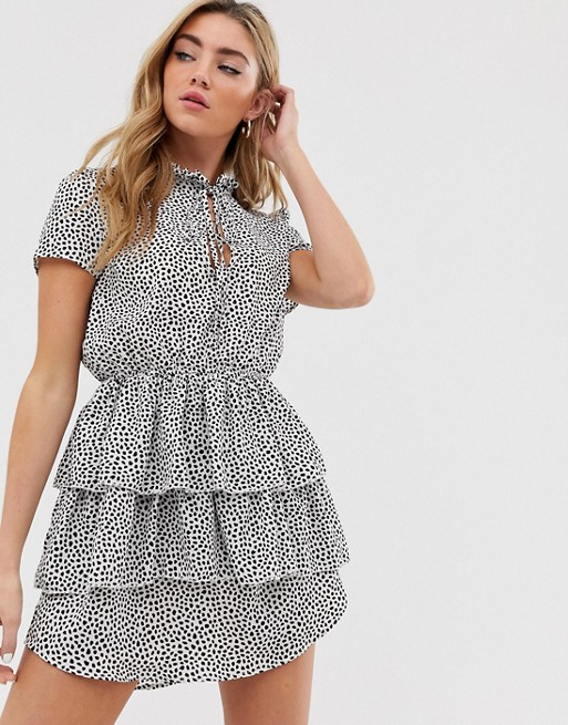 Boohoo exclusive tiered ruffle mini dress with keyhole tie detail in polka dot