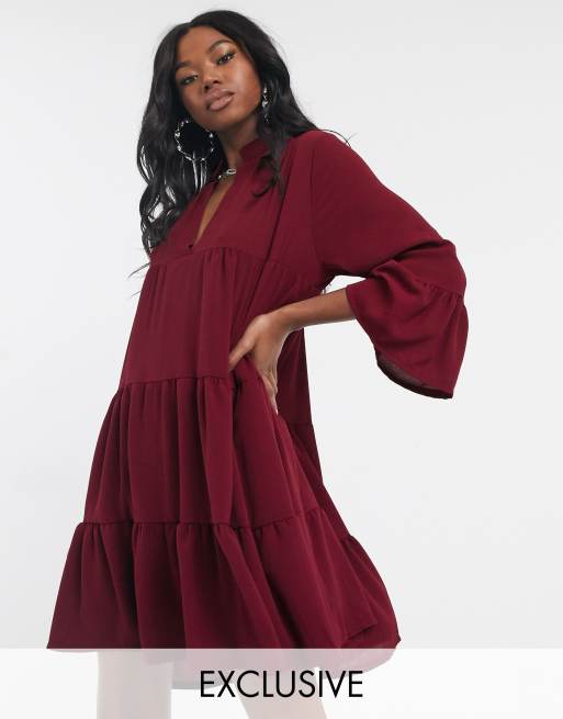 Boohoo exclusive tiered smock dress with long sleeve in burgundy