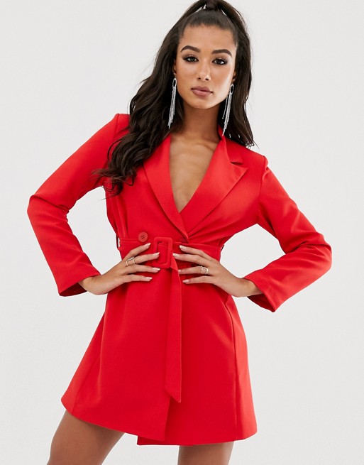 Boohoo exclusive tux dress with belted waist in red