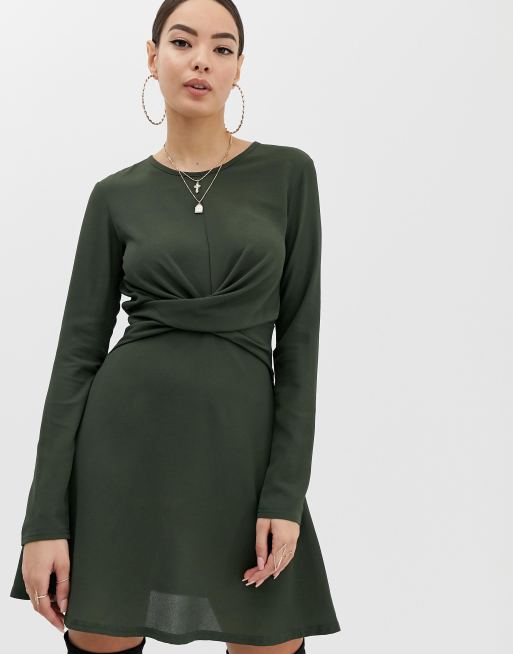 Boohoo exclusive twist wrap skater dress in green | ASOS