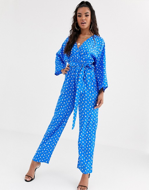 Boohoo exclusive wrap jumpsuit in blue ditsy floral