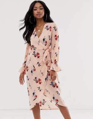 boohoo cap sleeve wrap midi dress