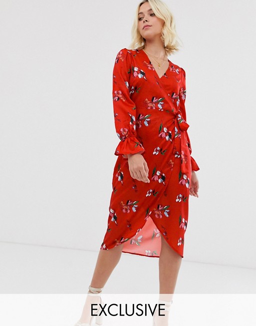 Boohoo exclusive wrap midi dress in red floral