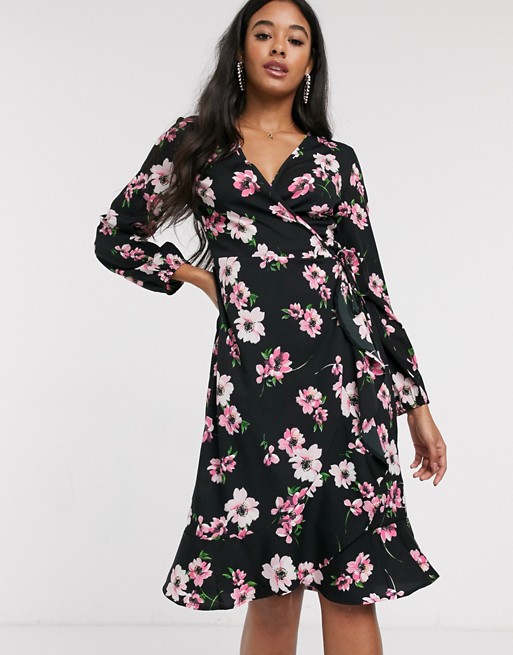 Boohoo exclusive wrap midi dress with frill edge in black floral