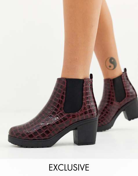 Boohoo - Exclusivité - Bottines Chelsea à semelle épaisse - Bordeaux verni effet croco