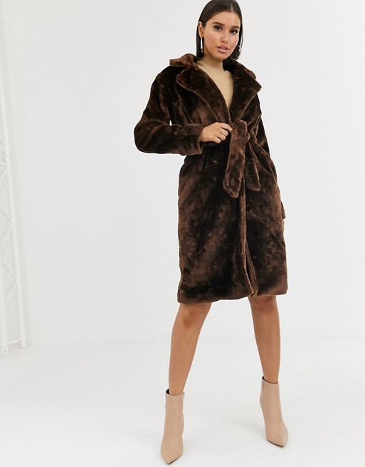 Boohoo faux fur midi coat in dark brown