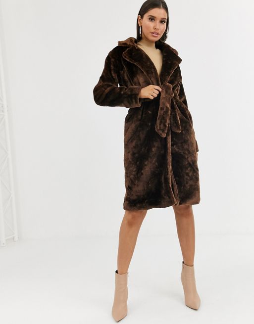 Boohoo faux fur midi coat in dark brown | ASOS