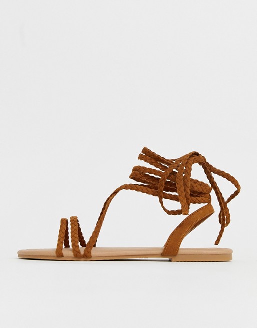 Boohoo flat sandals with braided tie up straps in tan