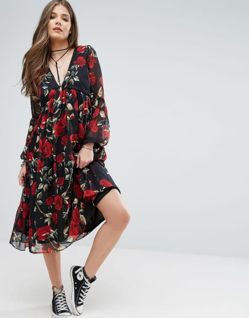 Boohoo Floral Smock Midi Dress | ASOS