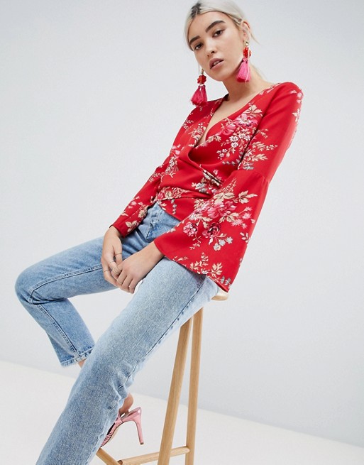 Boohoo Floral Tie Side Wrap Blouse