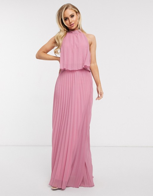Boohoo halter neck pleated maxi dress in pink