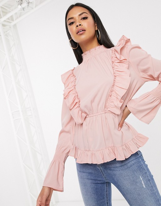Boohoo high neck blouse with ruffle detail in pink