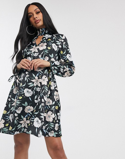 Boohoo high neck mini shift dress with keyhole detail in black floral