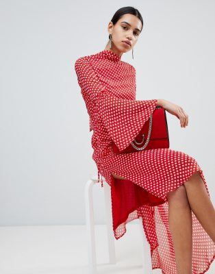 Asymmetric Hem Polka Dot Print Long Sleeve Red Blouse