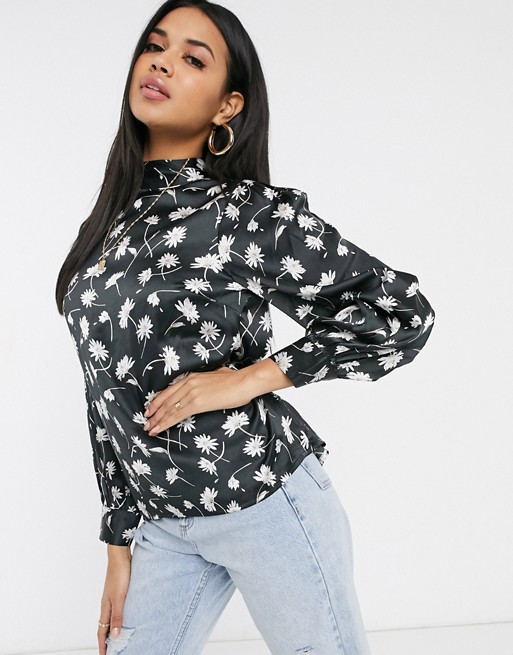 Boohoo high neck satin blouse in black floral