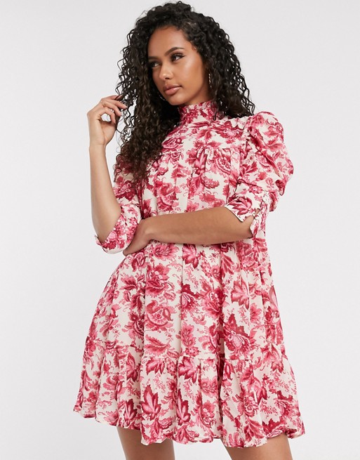 Boohoo high neck smock dress with puff sleeves in red floral print