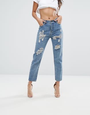 Boohoo High Rise Jewel Embellished Boyfriend Jeans